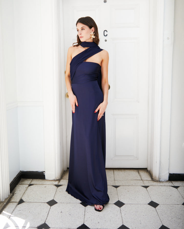 Vestido Largo de Fiesta Gabriela Lazos Gasa Azul Oscuro