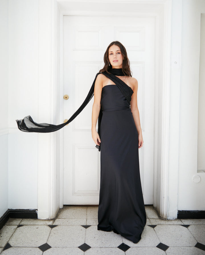 Vestido Largo de Fiesta Gabriela Lazos Transparentes Brillantes Negro