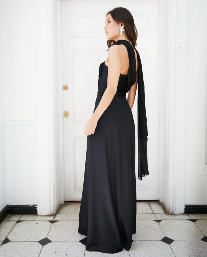 Vestido Largo de Fiesta Gabriela Lazos Transparentes Brillantes Negro