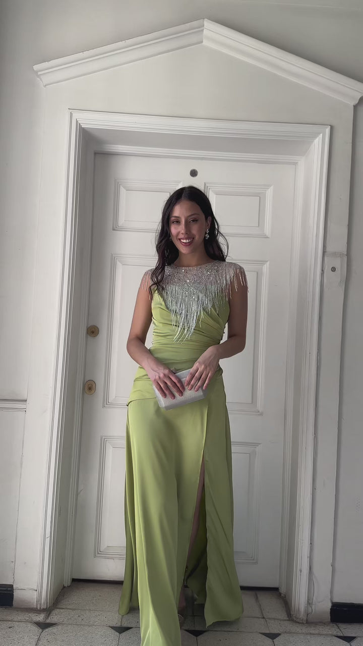 Vestido Largo de Fiesta Rafaella Verde Limón