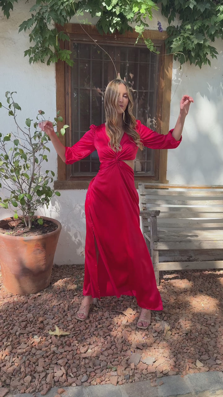 Vestido Largo de Fiesta Lia Manga Midi Rojo