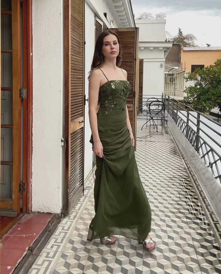 Vestido Largo de Fiesta Mónica Verde Olivo