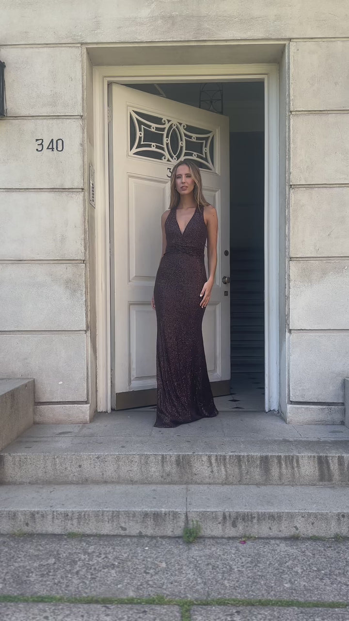 Vestido Largo de Fiesta Amara Lentejuelas Chocolate