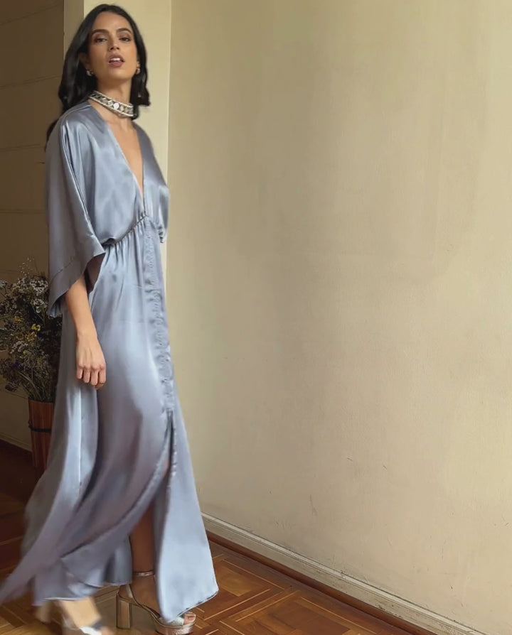 Vestido Largo de Fiesta Pola Satín Azul Piedra