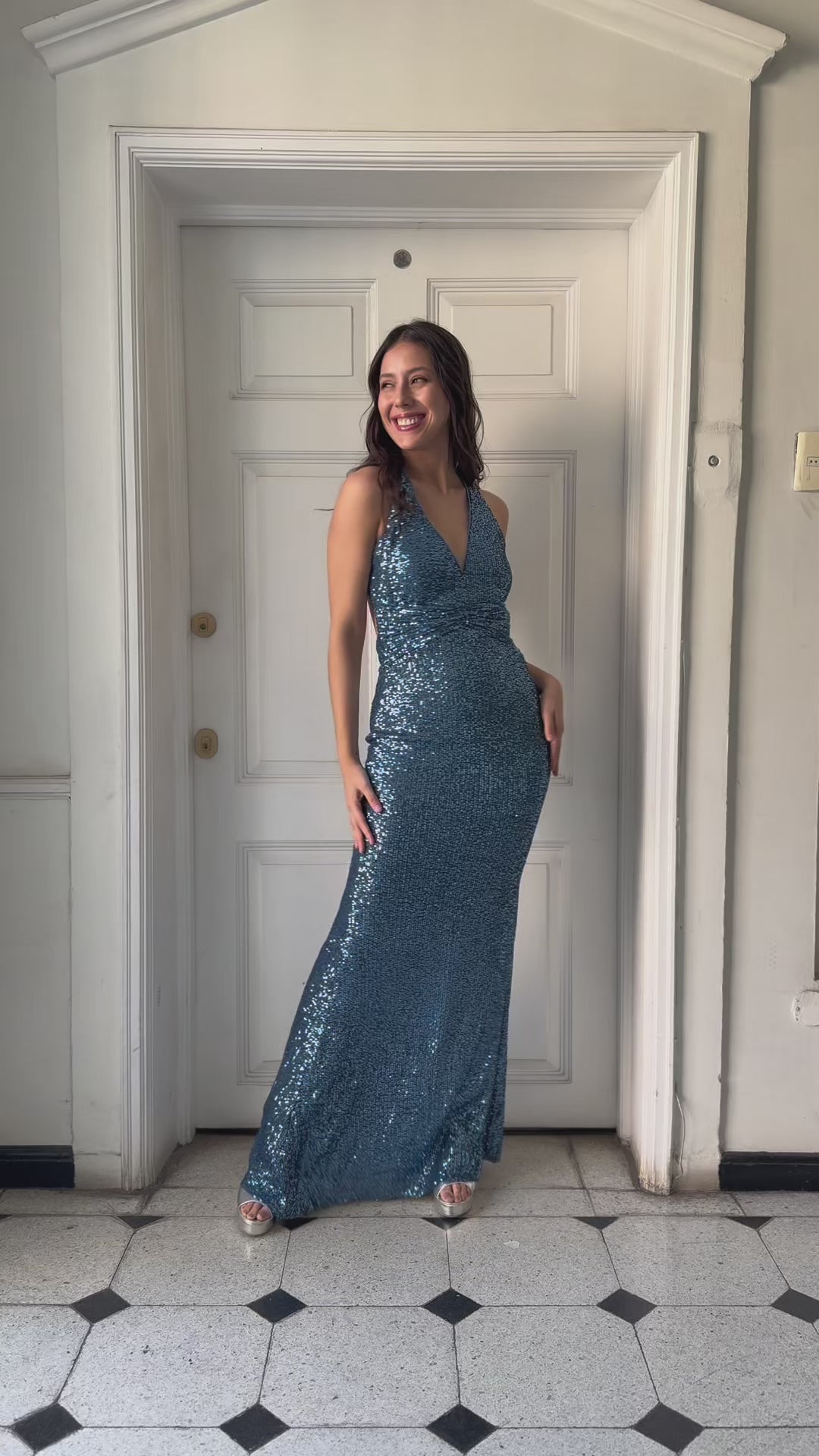 Vestido Largo de Fiesta Amara Lentejuelas Azul