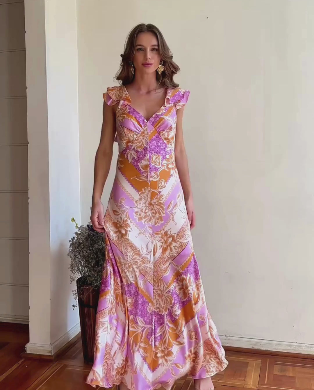 Vestido Largo de Fiesta Canela Fondo Rosado