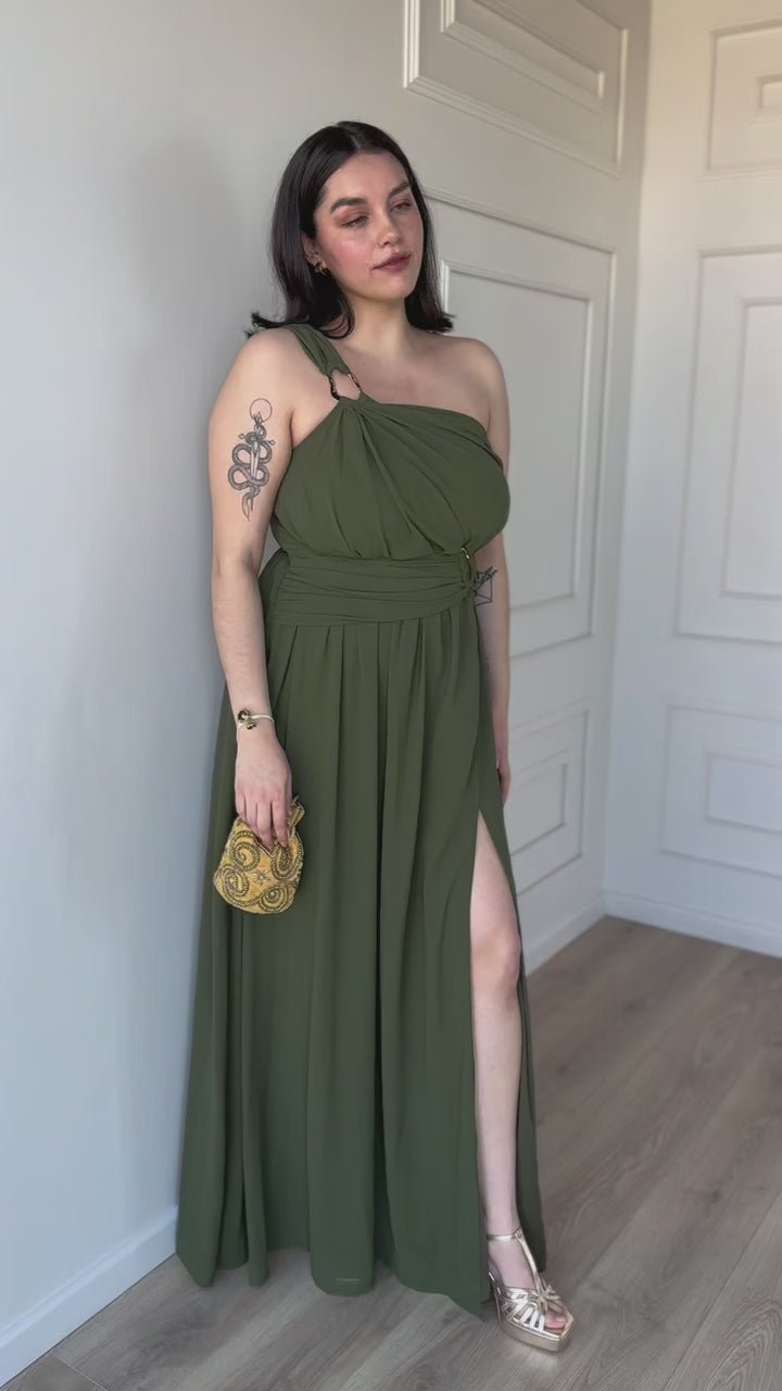 Vestido Largo de Fiesta Luxemburgo Asimetrico Verde Olivo