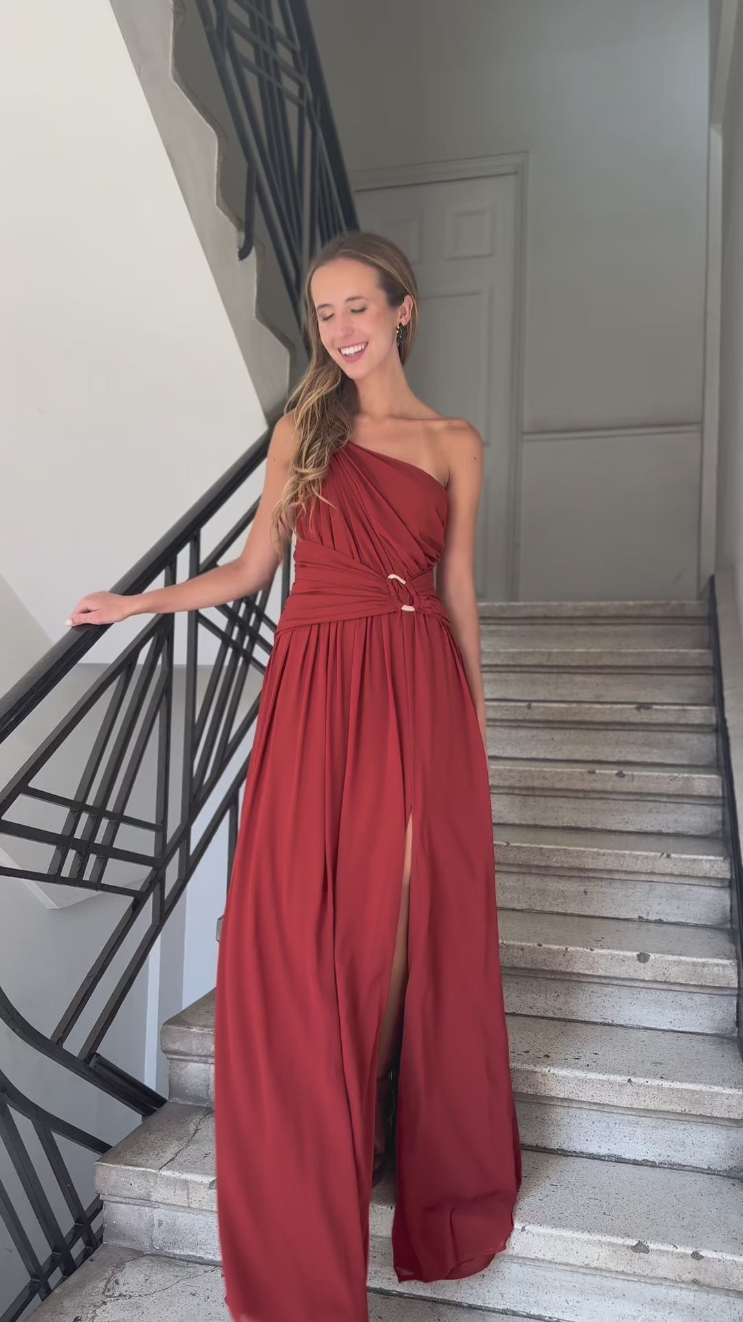 Vestido Largo de Fiesta Luxemburgo Asimetrico Terracota