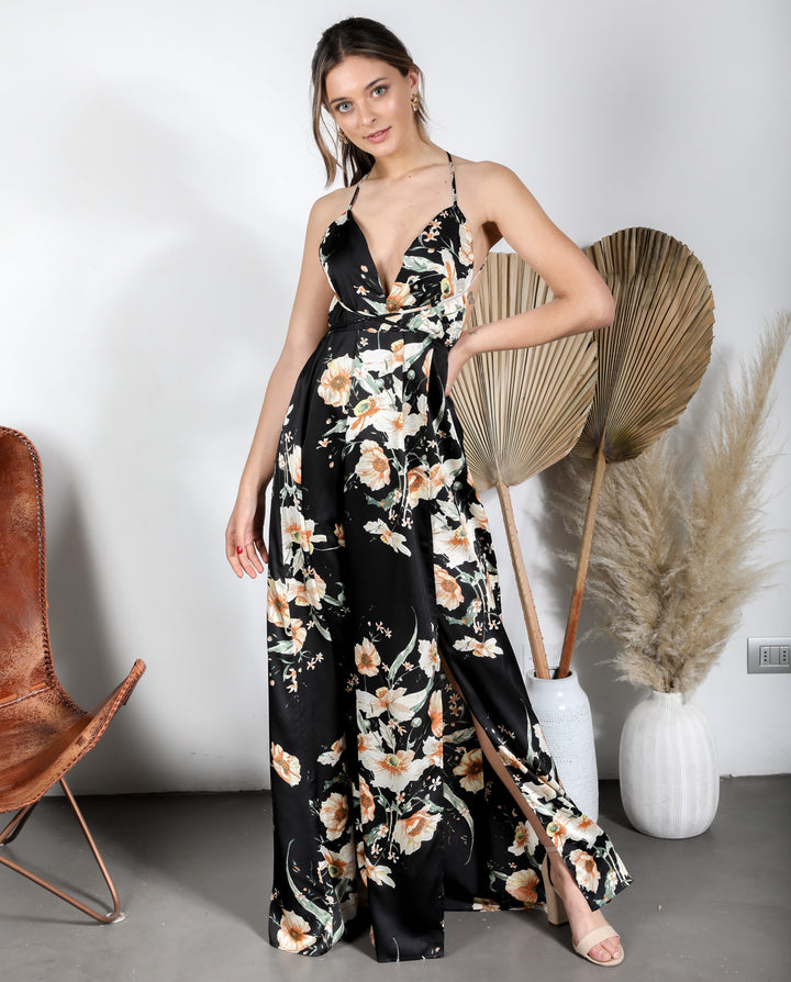 JACINTA LONG PARTY DRESS WITH NUDE FLOWER BLACK PRINT