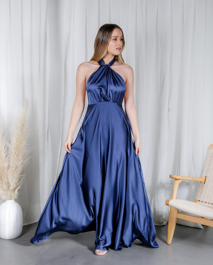 DARK BLUE MULTI SATIN LONG PARTY DRESS