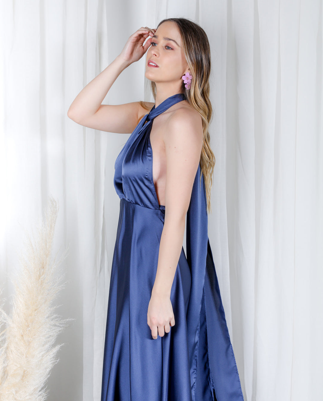 DARK BLUE MULTI SATIN LONG PARTY DRESS