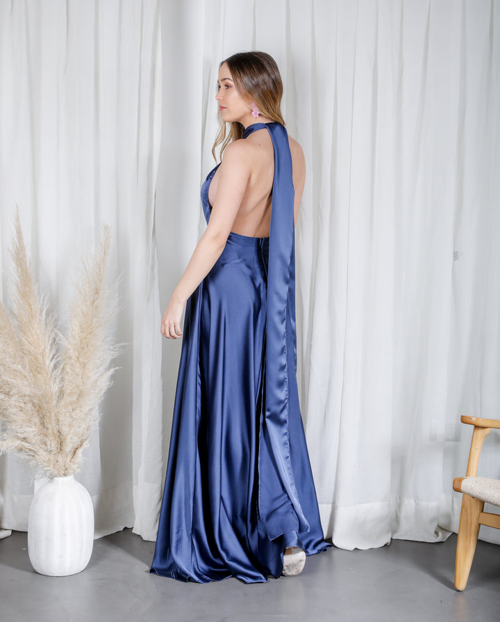 DARK BLUE MULTI SATIN LONG PARTY DRESS