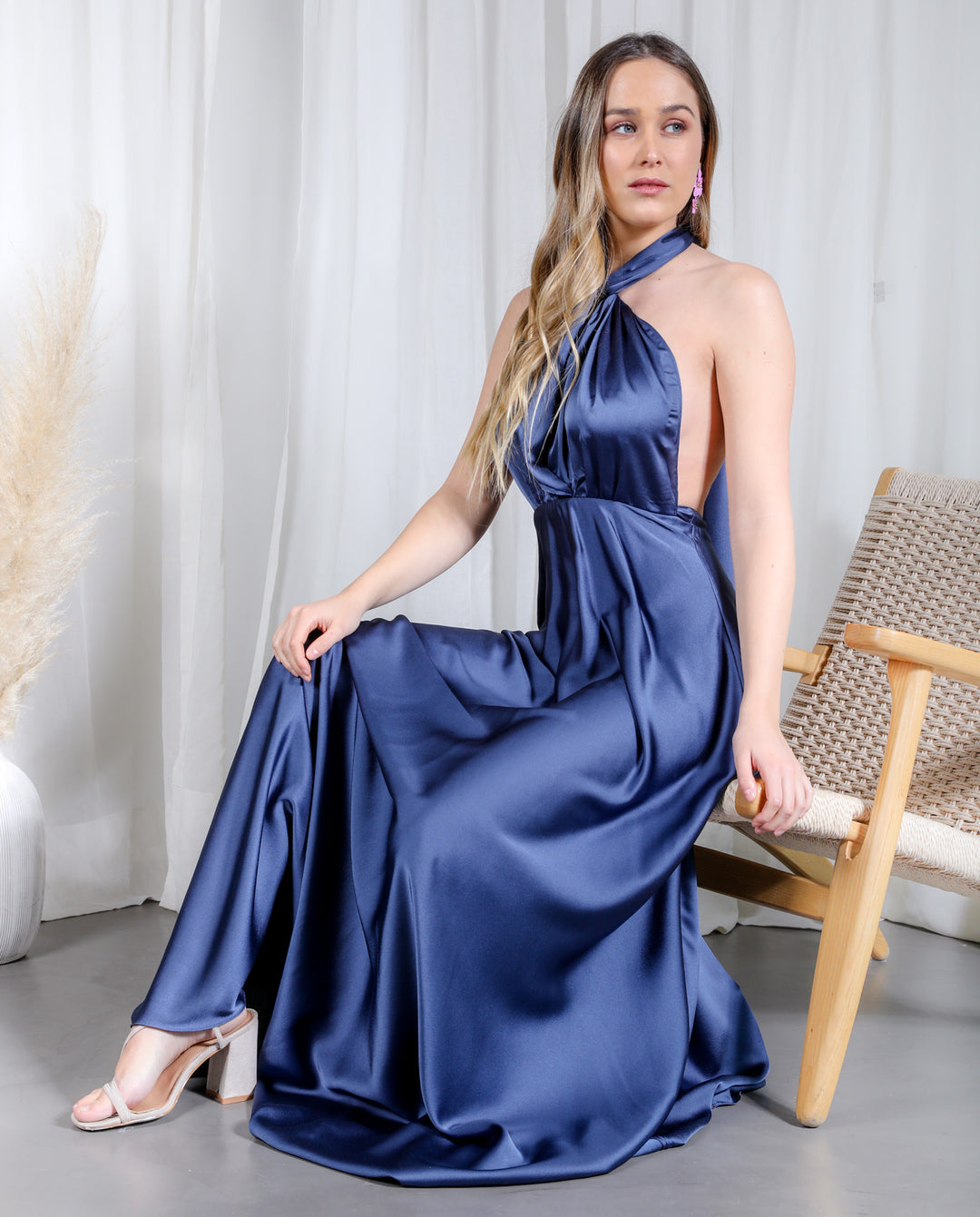 DARK BLUE MULTI SATIN LONG PARTY DRESS