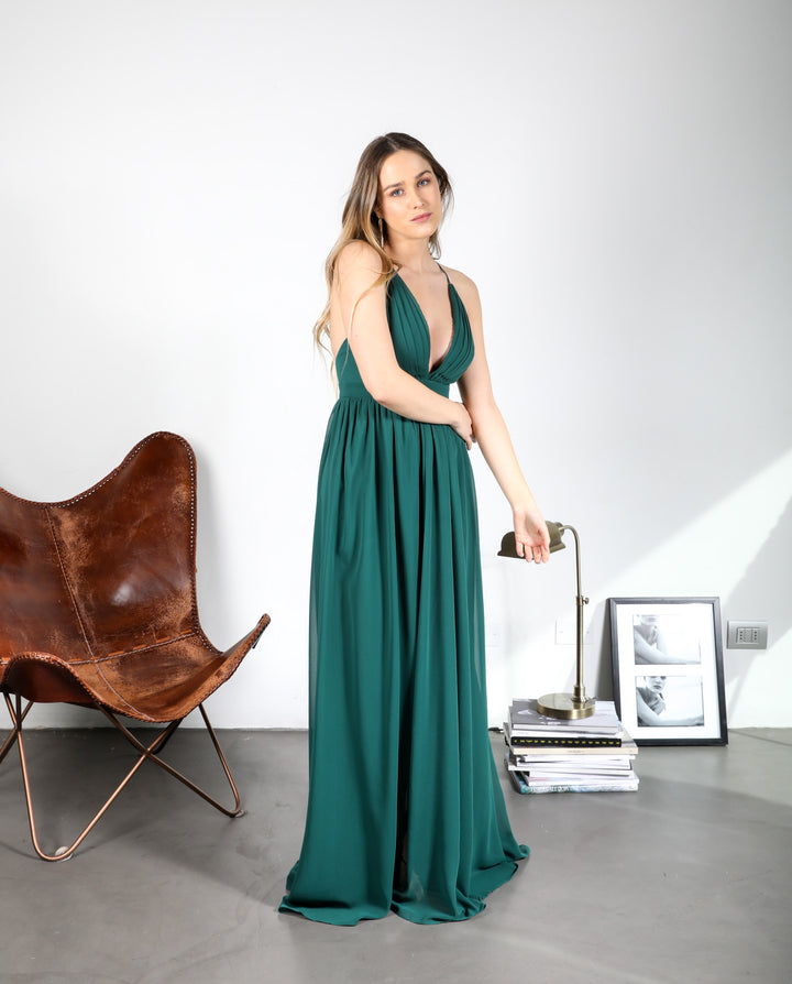 LAURA DARK GREEN CHIFFON LONG PARTY DRESS