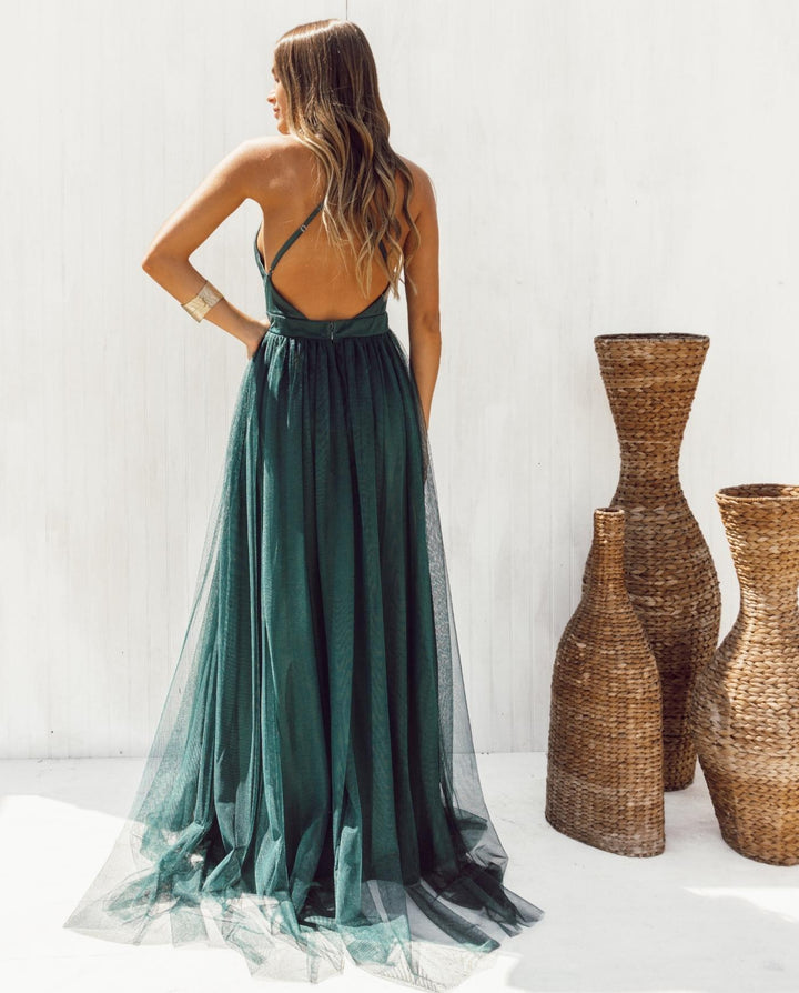 LONG DARK GREEN TULLE PARTY DRESS LAURA