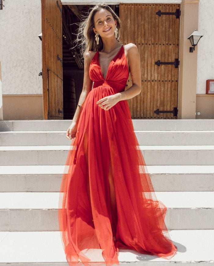 LONG RED TULLE PARTY DRESS LAURA