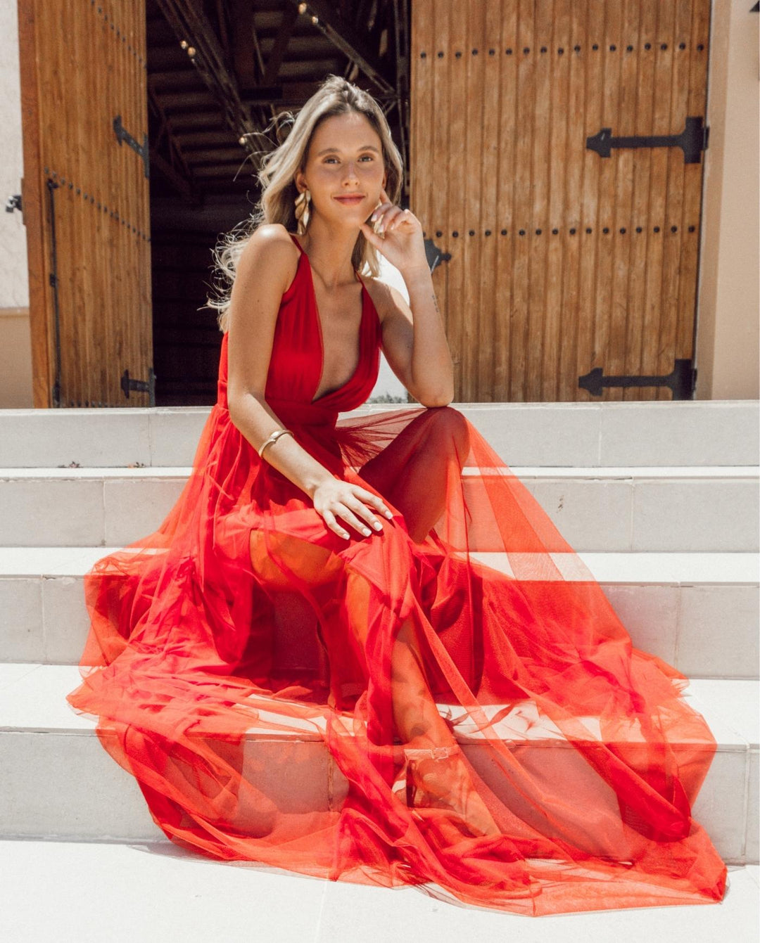 LONG RED TULLE PARTY DRESS LAURA