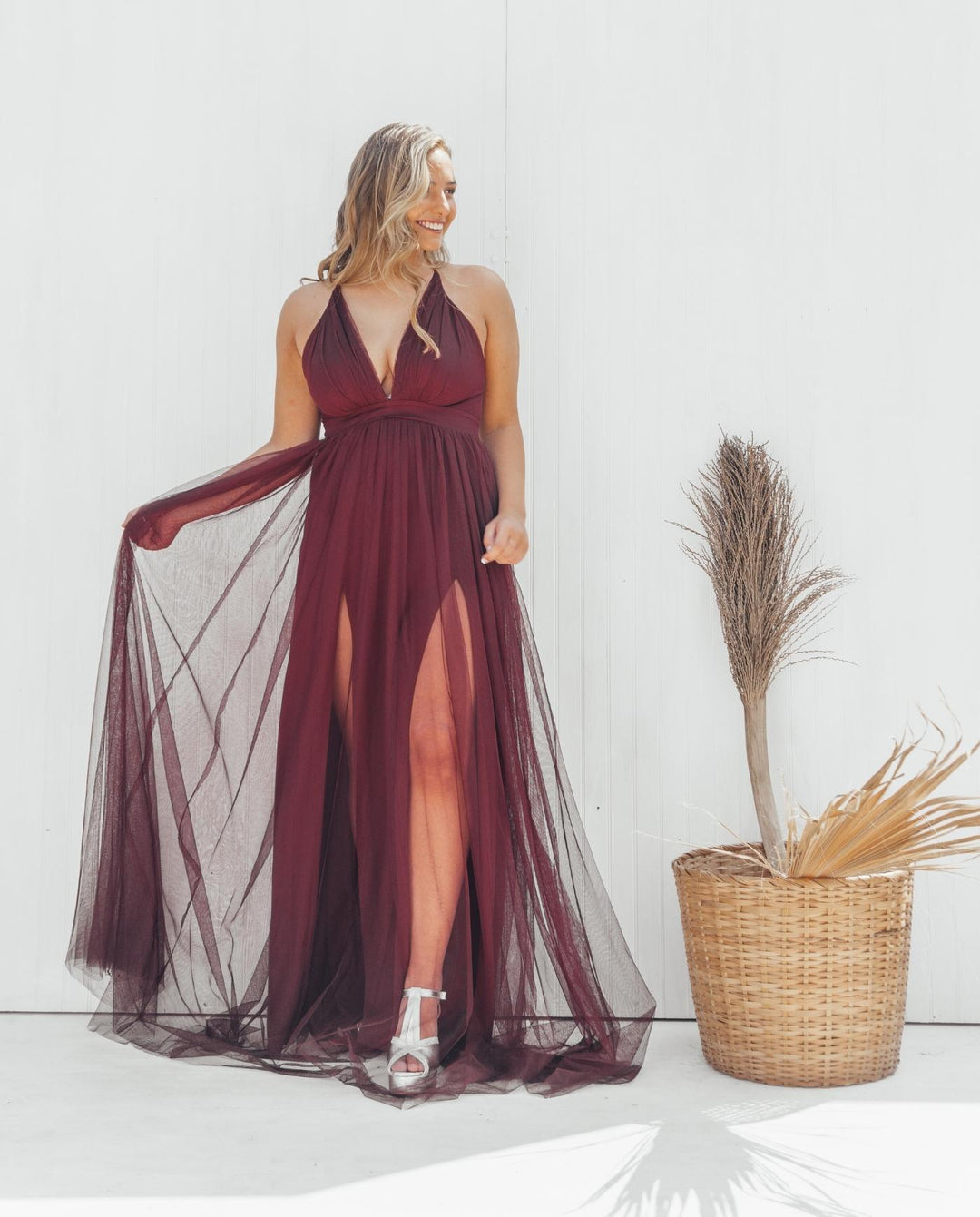 LAURA BURGUNDY TULLE LONG PARTY DRESS
