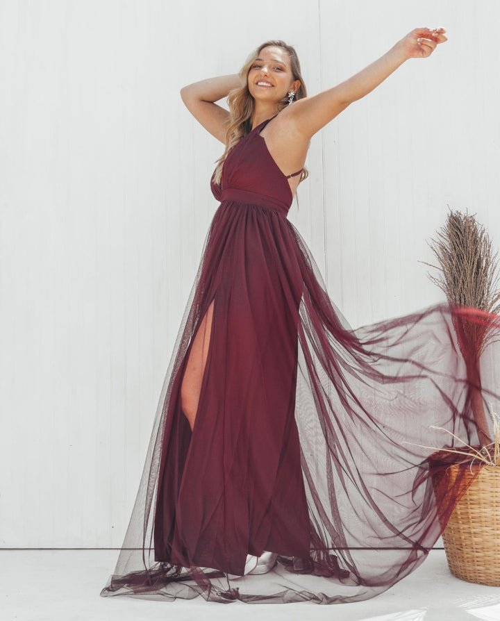 LAURA BURGUNDY TULLE LONG PARTY DRESS