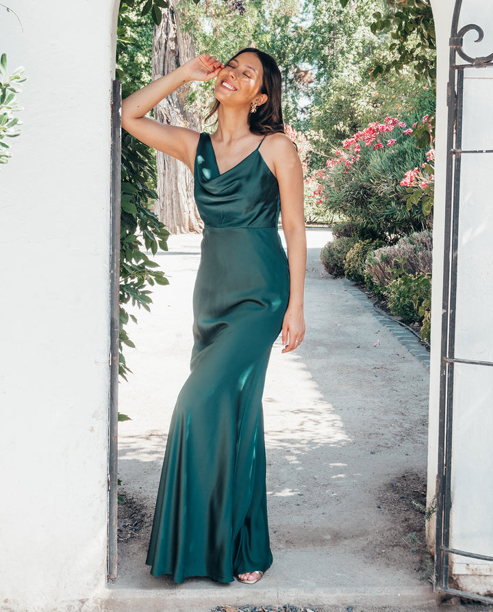 GREEN ONE SHOULDER TERE LONG PARTY DRESS