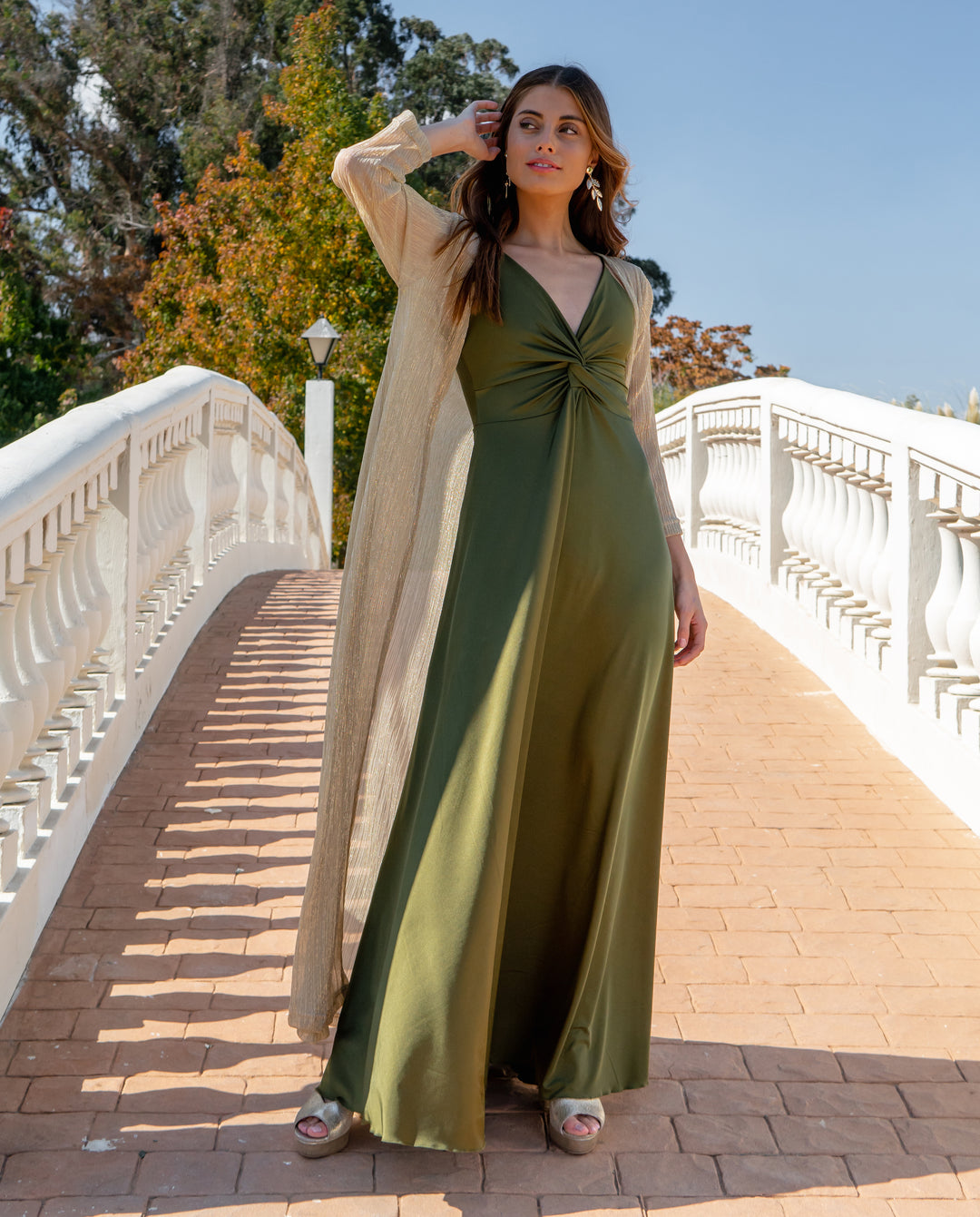 LONG OLIVE GREEN KNOT PARTY DRESS