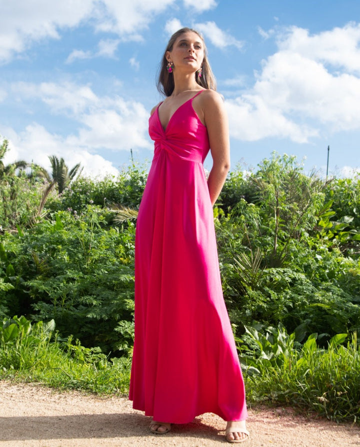 LONG PARTY DRESS WITH FUCHSIA KNOT