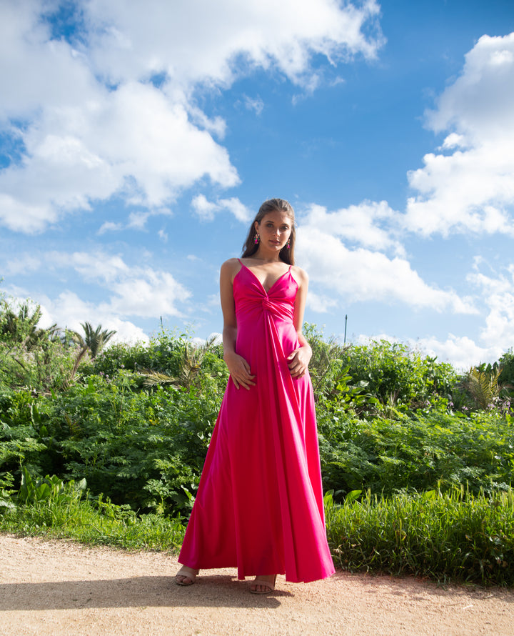 LONG PARTY DRESS WITH FUCHSIA KNOT