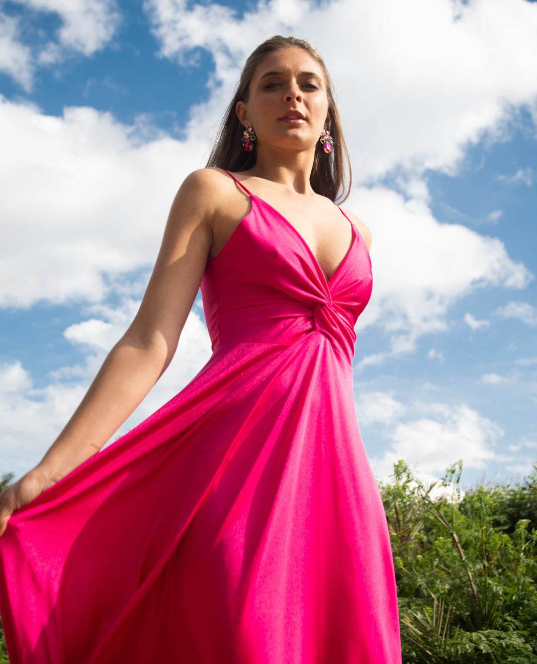 LONG PARTY DRESS WITH FUCHSIA KNOT