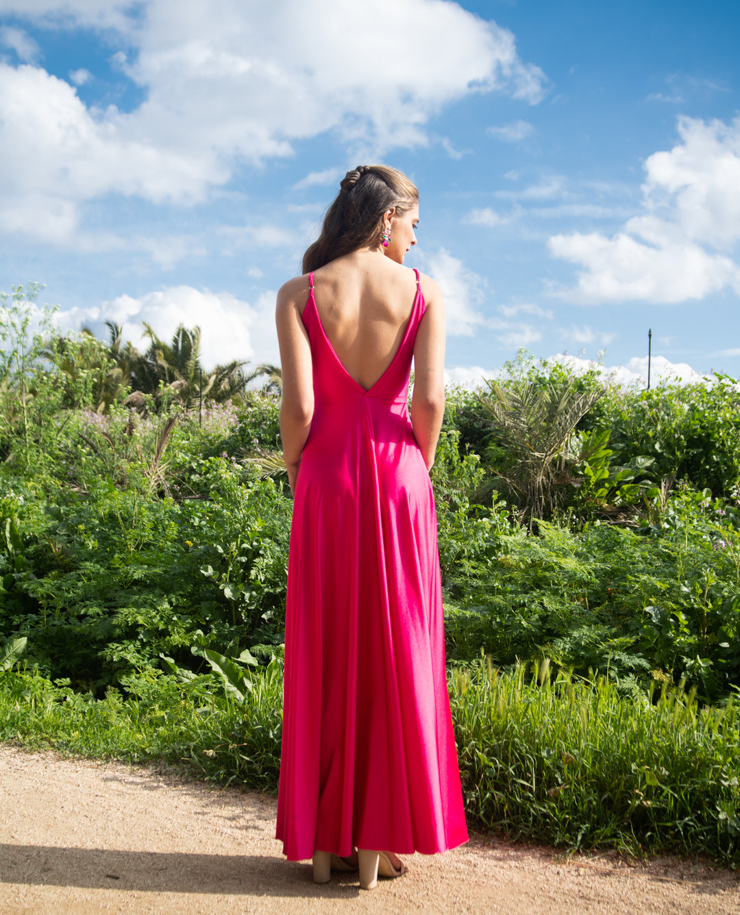 LONG PARTY DRESS WITH FUCHSIA KNOT