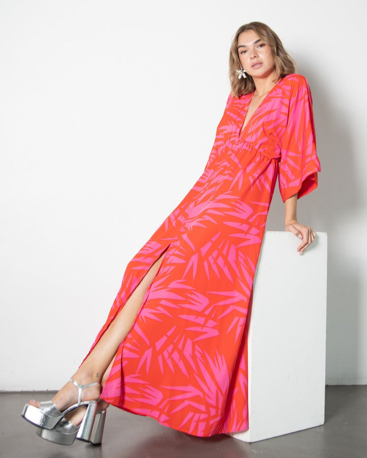 VESTIDO DE FIESTA LARGO POLA FUCSIA Y ROJO