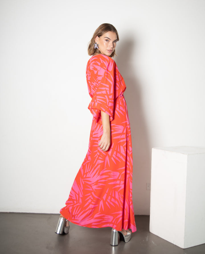 VESTIDO DE FIESTA LARGO POLA FUCSIA Y ROJO