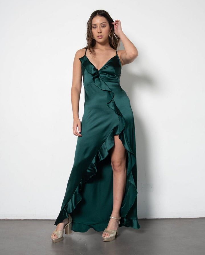 ESTELA DARK GREEN LONG PARTY DRESS