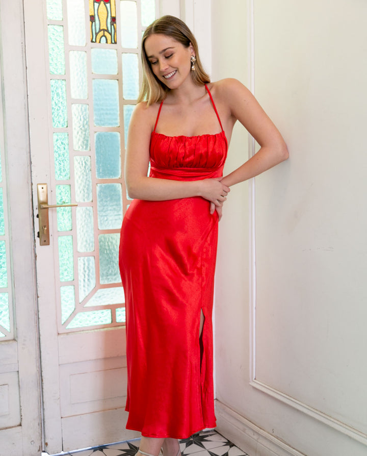 Vestido De Fiesta Midi Ileana Rojo
