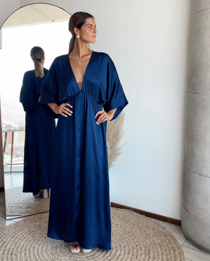 DARK BLUE SATIN POLA LONG PARTY DRESS