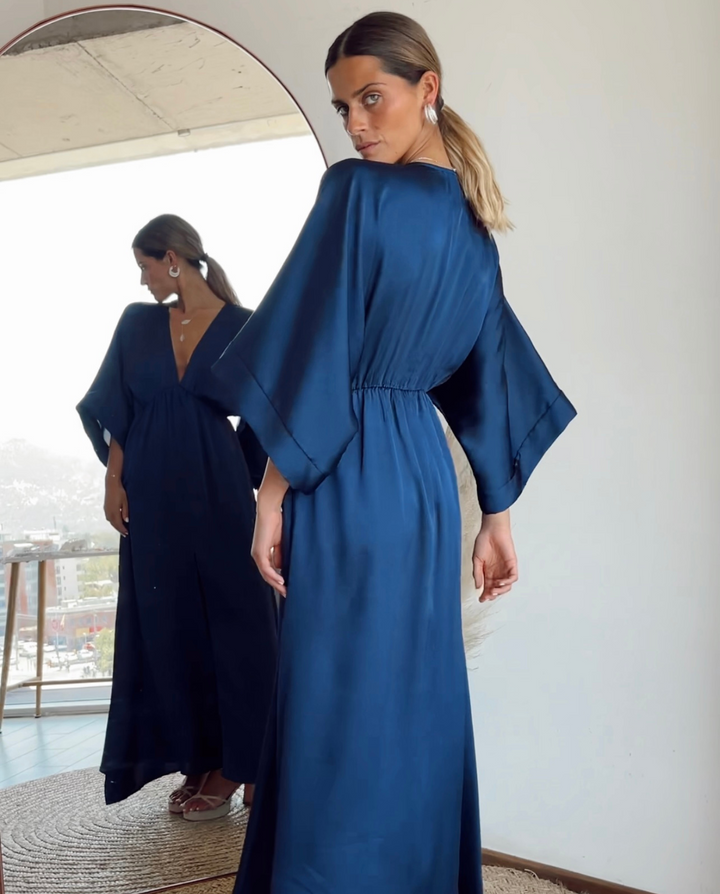 DARK BLUE SATIN POLA LONG PARTY DRESS