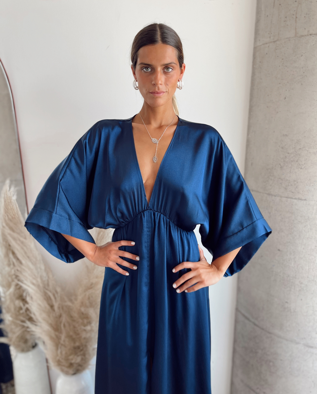 DARK BLUE SATIN POLA LONG PARTY DRESS